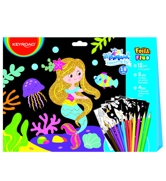 Coloring Set, Foil & Fluo, Mermaid, (12x Lapices de Color + 2x Hojas Negras Foil A4 + 4x Hojas Negras Fluo), Set